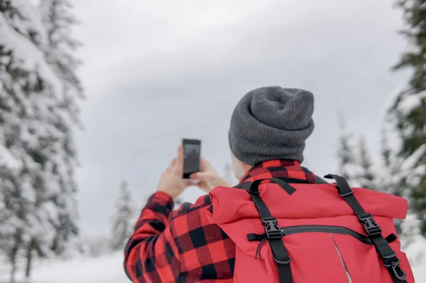 Traveler Backpack Warm Jacket Looks Winter — Stock Photo, Image