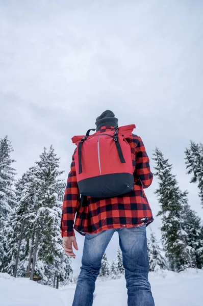 Reisender Mit Rucksack Warmer Jacke Blickt Auf Den Winter — Stockfoto