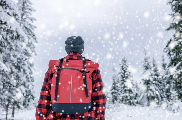 Reiziger Met Een Rugzak Een Warme Jas Kijkt Naar Winter — Stockfoto