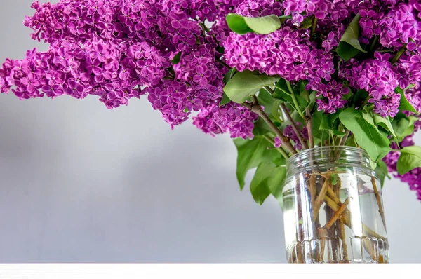 Gran Ramo Lilas Del Jardín Sobre Mesa Frasco Vidrio —  Fotos de Stock