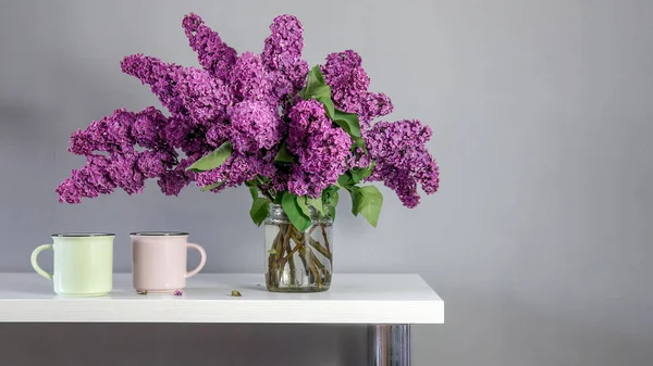 Big Bouquet Lilacs Garden Table Glass Jar — Stock Photo, Image