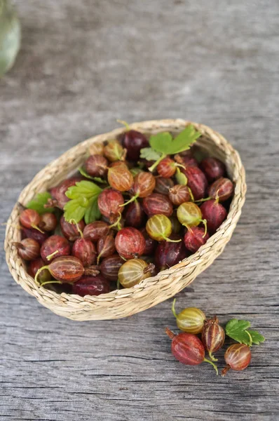 Ripe Gooseberry Fruit Rural Basket Rustic Background — Stock Photo, Image