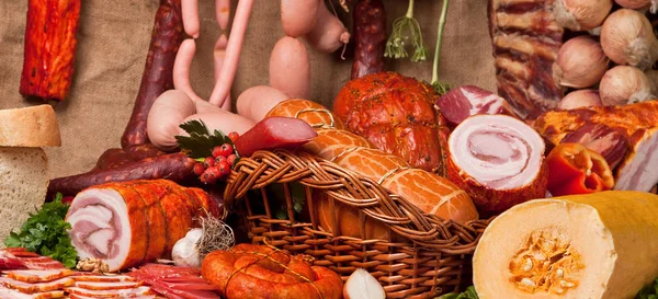 Various Types Meat Smoked Meat Sausages Ham Other — Stock Photo, Image