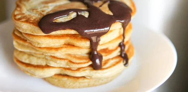 Breakfast Homemade Classic American Pancakes Chocolate Syrup — Stock Photo, Image