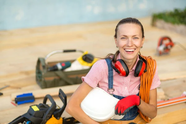 Carpenter Woman Work Building Hobby Beautiful Woman Construction Tools — Stock Photo, Image