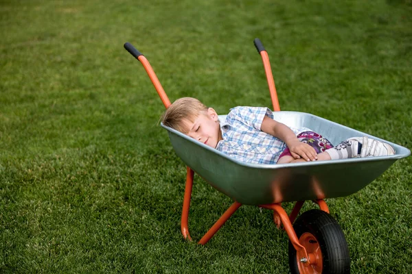 Niño Feliz Divirtiéndose Una Carretilla Jardín Doméstico Cálido Día Soleado — Foto de Stock