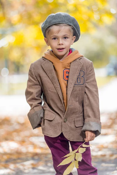 Симпатичный Маленький Мальчик Осеннем Наряде Жёлтом Фоне — стоковое фото