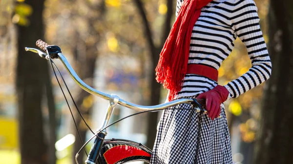 women on the bike, retro, skirt, street. Girl on bike, enjoy sunny autumn or spring day