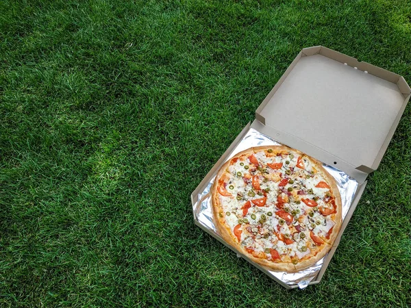 Şehir Parkında Salam Peynirli Pizza Yemek — Stok fotoğraf