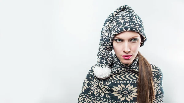 Portrait Funny Sexy Woman Wearing Winter Christmas Hat Sweater Winter — Stock Photo, Image