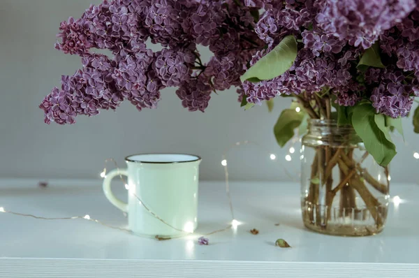 Beautiful Lilac Flowers Grey Wall Background Toned Image — Stock Photo, Image