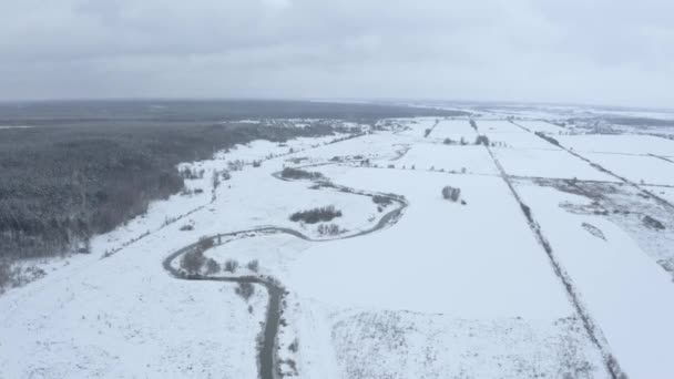 Let Dron Nad Úzké Klikaté Řeky Poblíž Lesa Zasněžené Zimní — Stock video