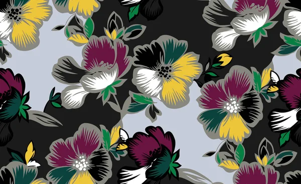 Seamless design with multicolor flowers and black background.