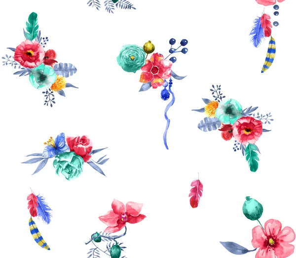Sömlös Blommor Design Med Fjädrar Och Etnisk Bakgrund För Textila — Stockfoto