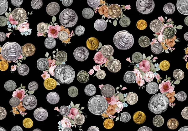 Patrón Monedas Antiguas Sin Costuras Con Flores Acuarela Fondo Negro — Foto de Stock