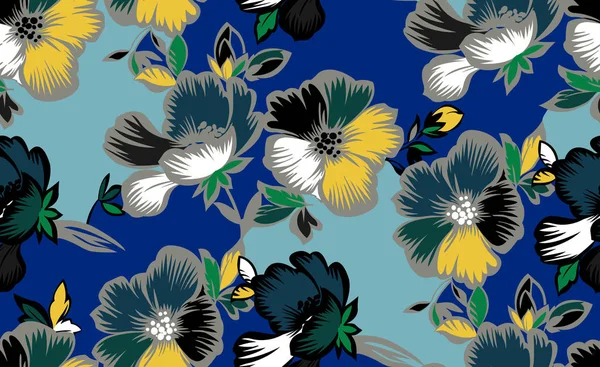 Diseño Sin Costuras Con Flores Multicolores Sobre Fondo Azul —  Fotos de Stock