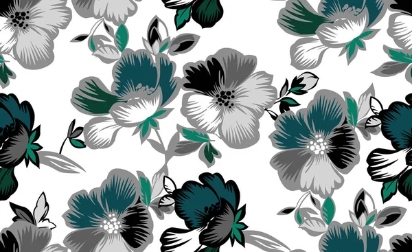 Nahtloses Design Mit Bunten Blüten Und Grünen Blättern Auf Weißem — Stockfoto
