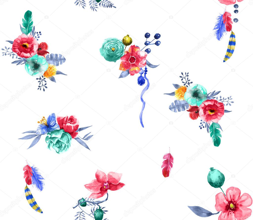 Seamless flowers design with feathers and ethnic background for textile prints.