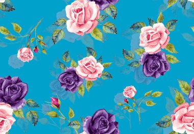 Tekstil için mavi arka plan ile sorunsuz suluboya çiçek tasarım yazdırır.
