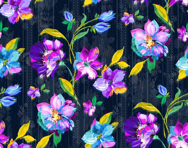 Безшовний Акварельний Квітковий Дизайн Темно Синім Фоном Текстильних Принтів — стокове фото