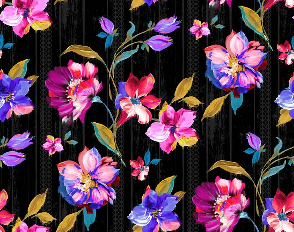 Seamless Watercolor Floral Design Black Background Textile Prints — Stock Photo, Image