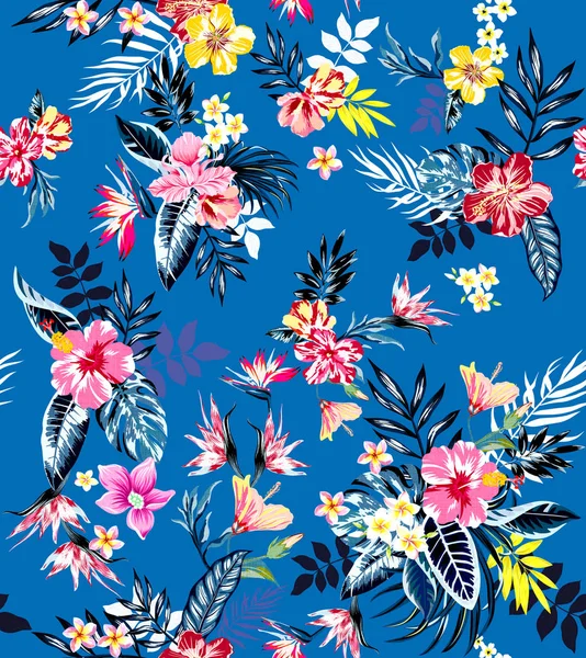 Kesintisiz renkli tropikal çiçek Tekstil için; Retro Hawaii tarzı çiçek düzenlenmesi, mavi arka plan ile vintage tarzı.