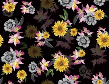 Sorunsuz imkanı çiçek Tekstil için renkli; Retro tarzı çiçek düzenlenmesi, vintage tarzı siyah arka plan ile.