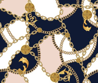 Koyu Mavi, Açık Kahverengi ve Beyaz Arka Plan Üzerinde Altın Zincirler ile Moda Dikişsiz Desen. Zincirli Kumaş Tasarım Arka Planı.