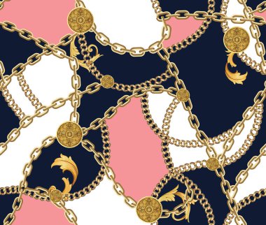 Koyu Mavi, Pembe ve Beyaz Arka Plan Üzerinde Altın Zincirler ile Moda Dikişsiz Desen. Zincirli Kumaş Tasarım Arka Planı.