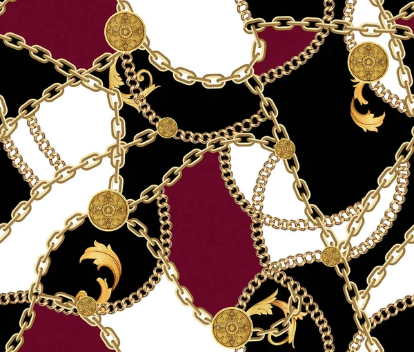 Moda Modello Senza Cuciture Con Catene Oro Sfondo Nero Rosso — Foto Stock