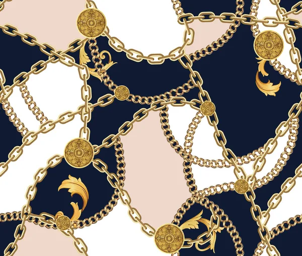 Fashion Seamless Pattern with Golden Chains on Dark Blue, Light Brown and White Background. Fabric Design Background with Chain.