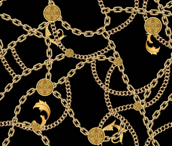Fashion Seamless Pattern with Golden Chains on Black Background. Fabric Design Background with Chains.Ready for Textile Prints.