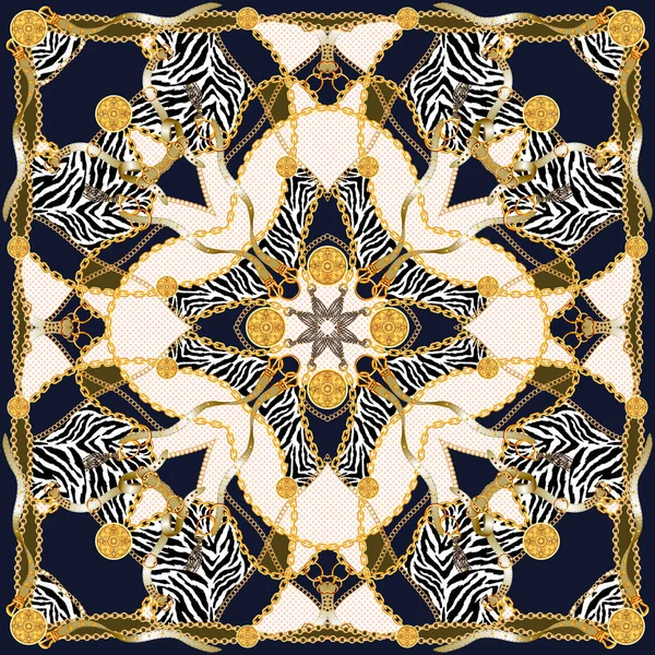 Altın zincirler, kemerler ve zebra ile trendy baskı. Vintage elemanları ile dikişsiz desen. Kadın modası, tekstil baskılar için Modern Eşarp Koleksiyonu. Beyaz arka planda.
