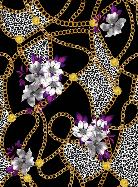 Patrón Cadenas Sin Costura Con Flores Piel Leopardo Negro Parche — Foto de Stock