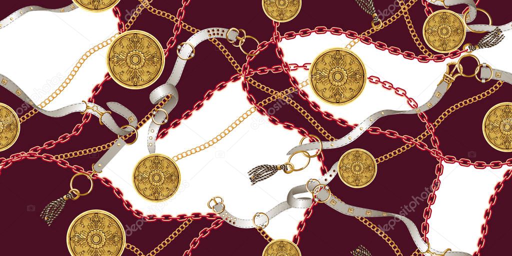 Trendy seamless pattern with gold chains and belts, patch for print, fabric, textile design on dark red and white background.