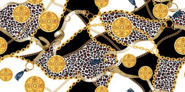 Altın zincirler ve kemerler, leopar derisi, baskı için yama, kumaş, siyah beyaz arka plan üzerinde tekstil tasarımı ile trendy dikişsiz desen.