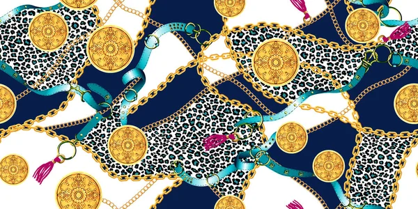 Altın zincirler ve kemerler, leopar derisi, baskı için yama, kumaş, koyu mavi ve beyaz arka plan tekstil tasarımı ile Trendy dikişsiz desen.