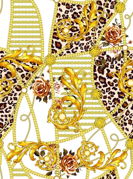 Altın zincirler, leopar ve barok, baskı için yama, kumaş, beyaz arka plan tekstil tasarımı ile Trendy dikişsiz desen.