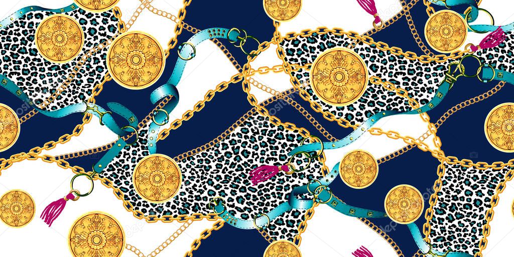 Trendy seamless pattern with gold chains and belts, leopard skin, patch for print, fabric, textile design on dark blue and white background.