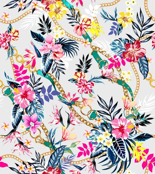 Tekstil baskı için hazır kemer ve zincirler ile dikişsiz renkli tropikal çiçekler; Retro Hawaii tarzı çiçek aranjmanı, beyaz arka plan ile vintage tarzı. 