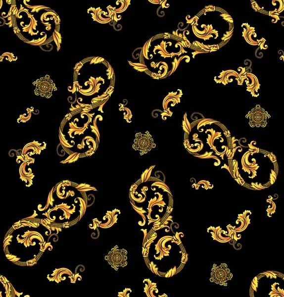 Seamless pattern of decorative gold baroque ornament on black background  ready for textile print.