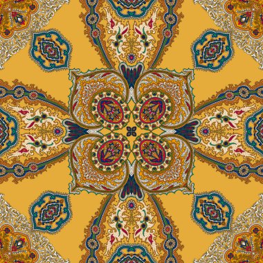 Tracery sorunsuz sakinleştirici desen. Mandala ile Vintage dekoratif unsur. İslam, Türkçe, Arapça, Hint, Osmanlı motifleri. Etnik renkli doodle doku. Sarı arka planda ipek eşarp tasarımı.