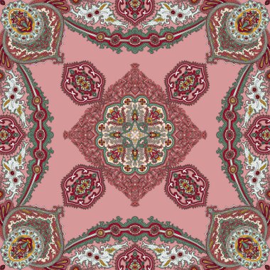 Mandala ile dikişsiz osmanlı motifleri desen ve pembe arka plan üzerinde çiçekler. İpek eşarp tasarımı. kumaş, tekstil üzerine baskı için hazır.