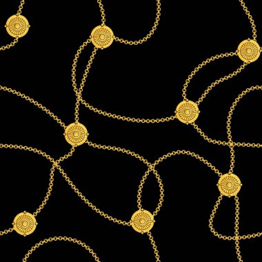 Altın zincirler ile dikişsiz desen. Güzel mücevher değerli kolyeler. siyah arka plan üzerinde izole. Tekstil baskılar için hazır.