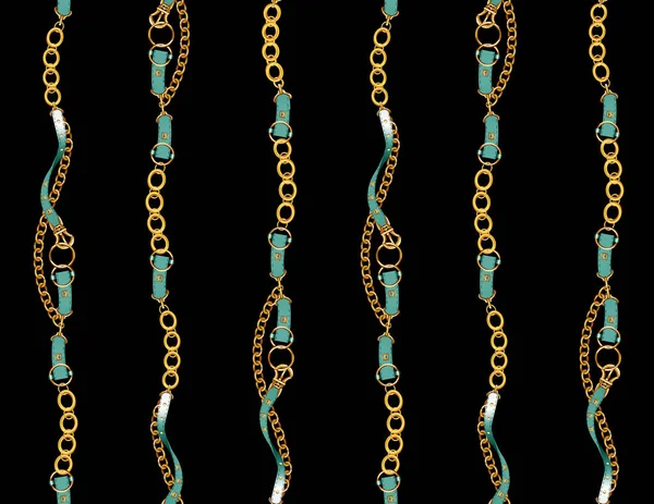 Seamless pattern of light green belts with golden chains, isolated on black background. Ready for textile print.