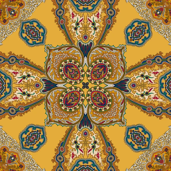 Tracery seamless calming pattern. Vintage decorative element with mandala.Islam, Turkish, Arabic, Indian, ottoman motifs. Ethnic colorful doodle texture. Silk scarf design on yellow background.