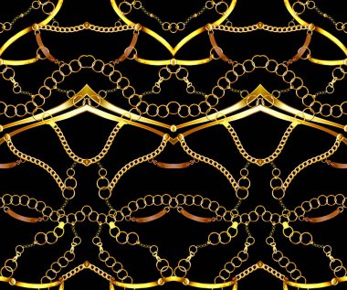 Kumaş için siyah arka plan üzerinde dikişsiz altın zincirler desen. Trendy yinelenen baskı. Tekstil için lüks, modern, altın zincirler.