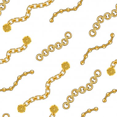 Altın zincirler ile dikişsiz desen. Güzel mücevher değerli kolyeler. Beyaz arka planda. Tekstil baskı için hazır.