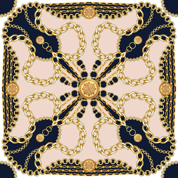 Seamless golden chains pattern on dark blue background. Ready for fabric prints. Trendy repeating scarf textile print design.