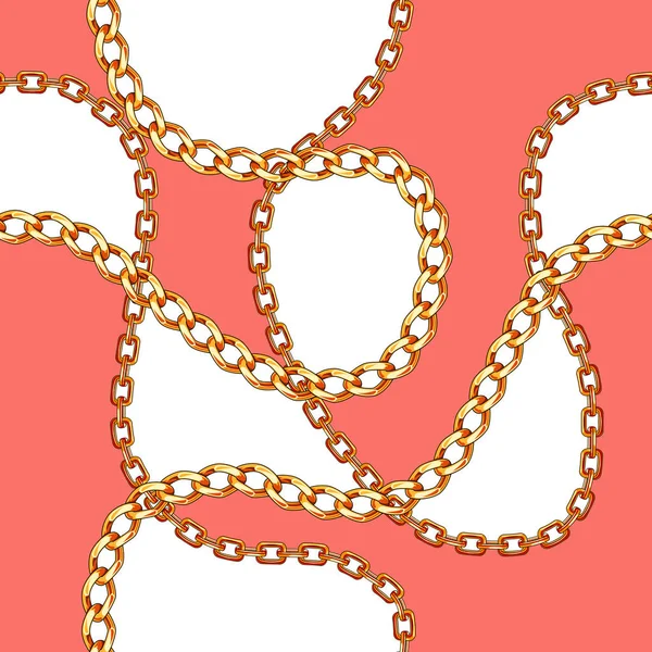 Seamless pattern with gold chains for fabric design on coral and white background. Baroque golden illustration.